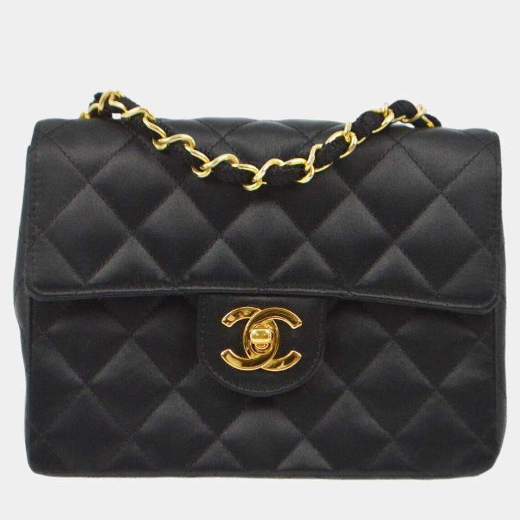 Pre Owned Chanel Black Satin Mini Classic Square Flap Shoulder Bag 17