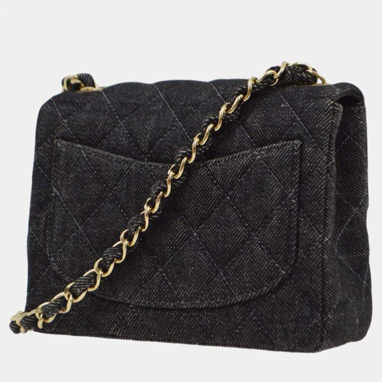Pre Owned Chanel Black Denim Mini Classic Square Flap Shoulder Bag 17