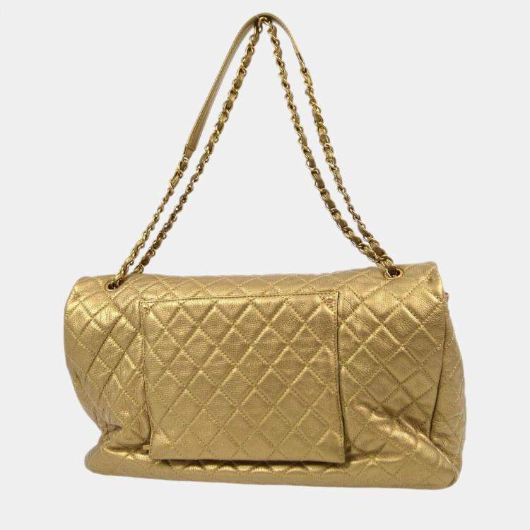Pre Owned Chanel Gold Calfskin XXL Single Flap Shoulder Bag