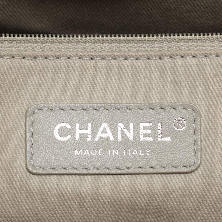 Pre Owned Chanel Grey Striped Canvas and Leather Large Deauville Shopper Tote