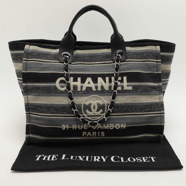 Pre Owned Chanel Grey Striped Canvas and Leather Large Deauville Shopper Tote