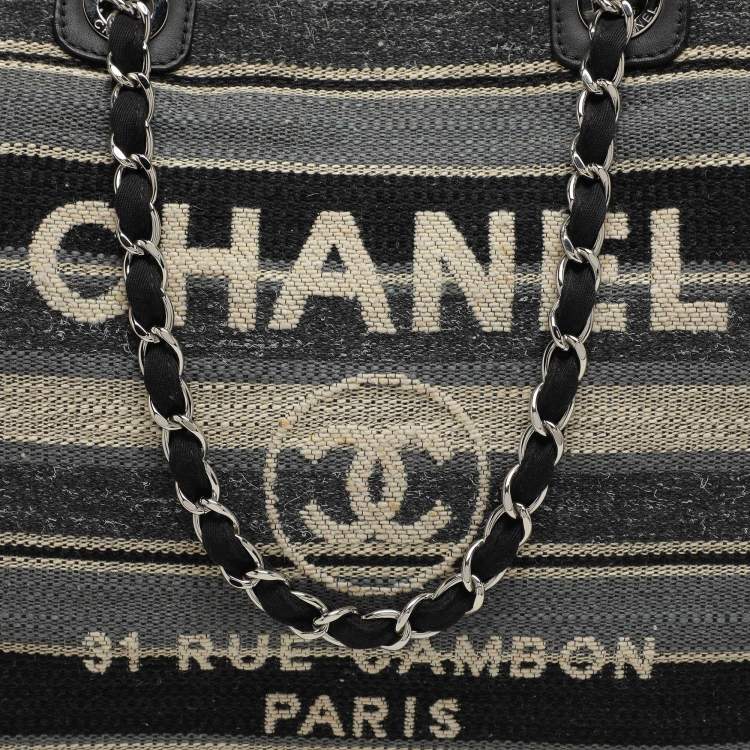 Pre Owned Chanel Grey Striped Canvas and Leather Large Deauville Shopper Tote