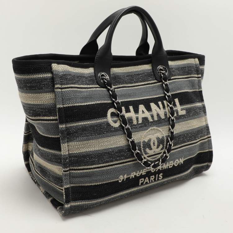 Pre Owned Chanel Grey Striped Canvas and Leather Large Deauville Shopper Tote
