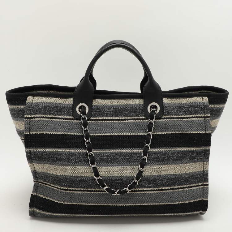 Pre Owned Chanel Grey Striped Canvas and Leather Large Deauville Shopper Tote