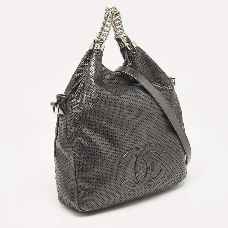 Pre Owned Chanel Metallic Grey Leather Perforated Rodeo Drive Hobo
