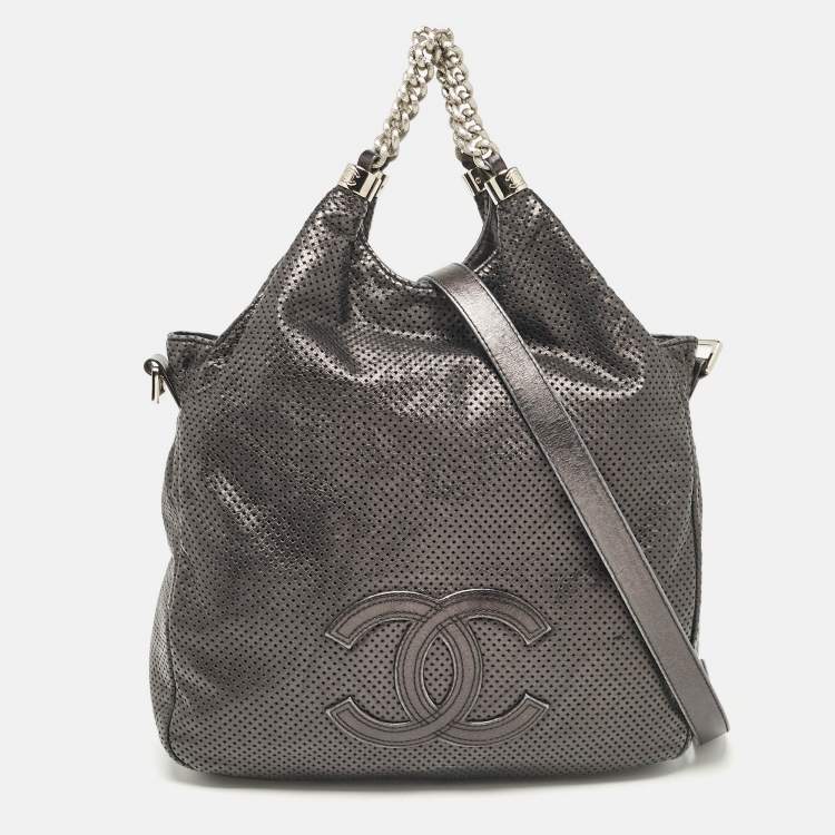 Chanel Metallic Grey Leather Perforated Rodeo Drive Hobo