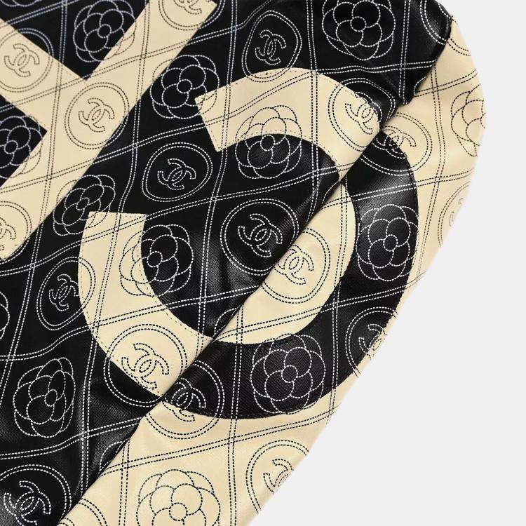 Pre Owned Chanel Black Printed Coated Canvas Logo Camellia Shopping Tote Bag
