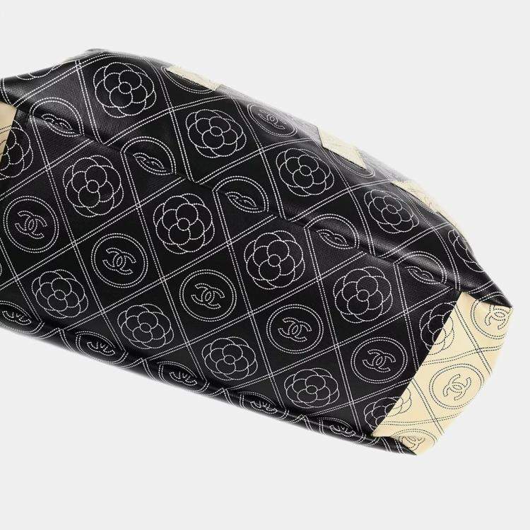 Pre Owned Chanel Black Printed Coated Canvas Logo Camellia Shopping Tote Bag