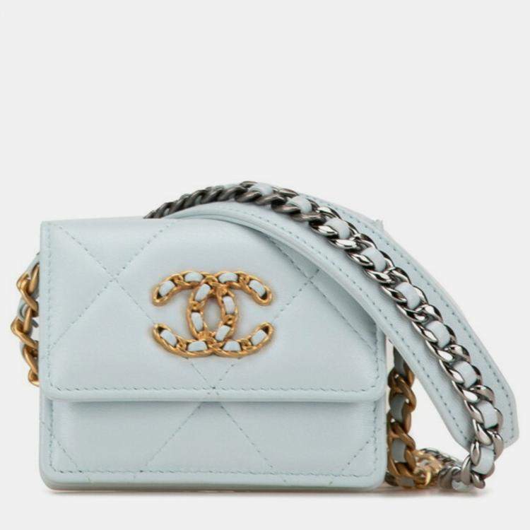 Pre Owned Chanel Light Blue Lambskin Matelasse 19 Coco Mark Chain Wallet