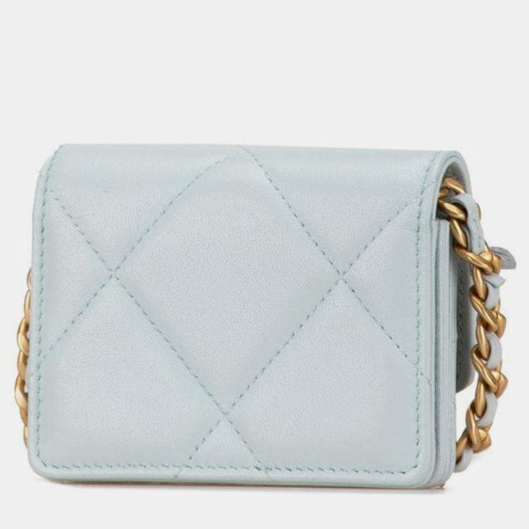 Pre Owned Chanel Light Blue Lambskin Matelasse 19 Coco Mark Chain Wallet