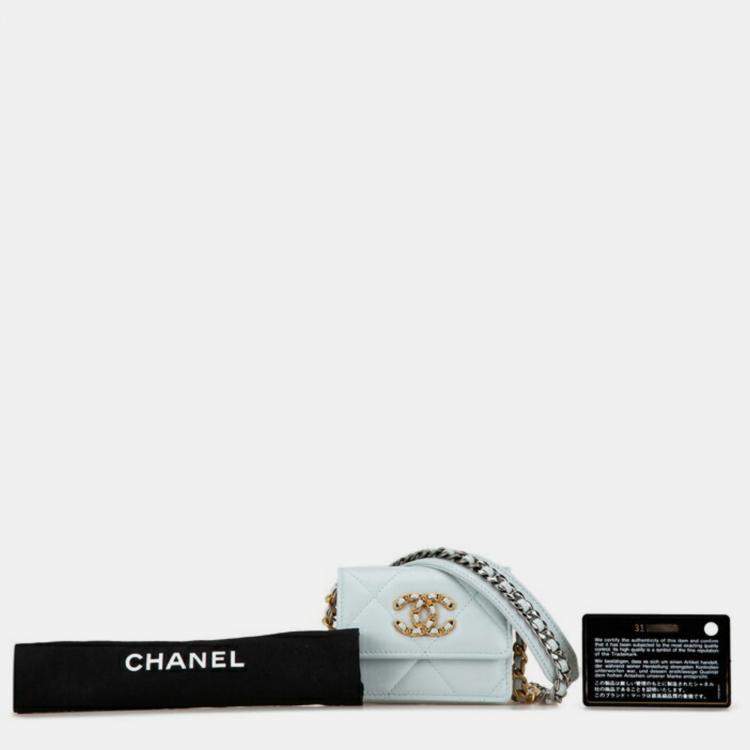 Pre Owned Chanel Light Blue Lambskin Matelasse 19 Coco Mark Chain Wallet