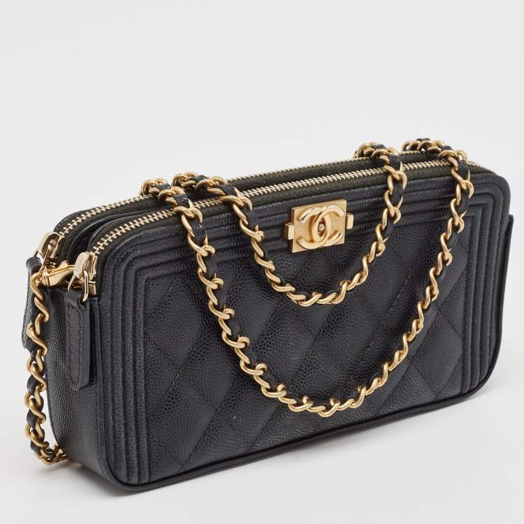 مملوكة مسبقًا Chanel Black Quilted Caviar Leather Double Zip Clutch Bag