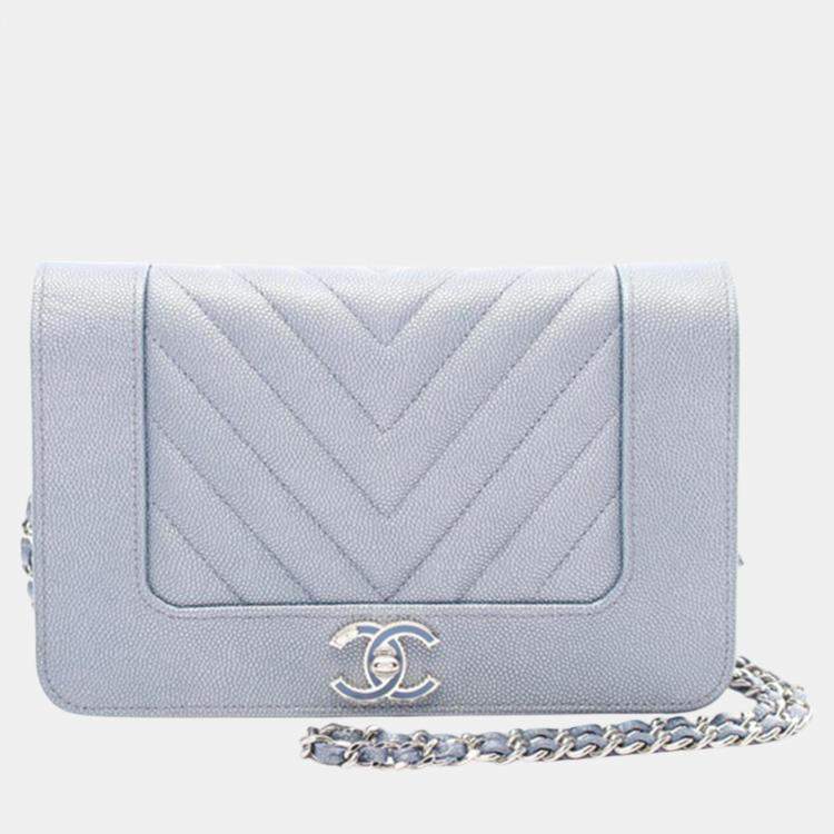 Chanel Blue Chevron Quilted Caviar Mademoiselle Wallet On Chain