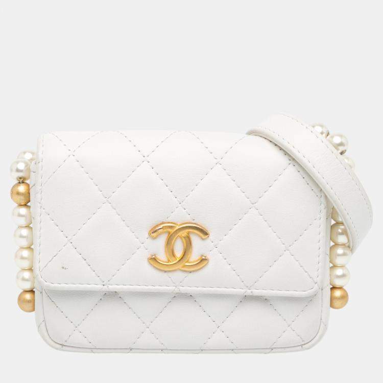 Chanel White Quilted Lambskin About Pearls Card Holder On Chain