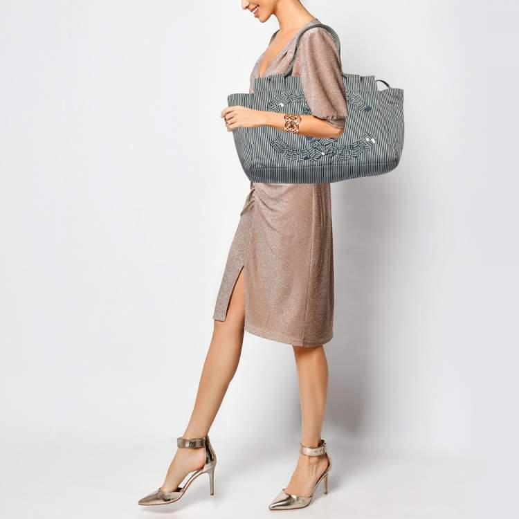 Pre Owned Chanel Chambray Blue/White Canvas CC Striped Shopper Tote