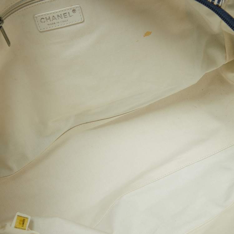 Pre Owned Chanel Chambray Blue/White Canvas CC Striped Shopper Tote