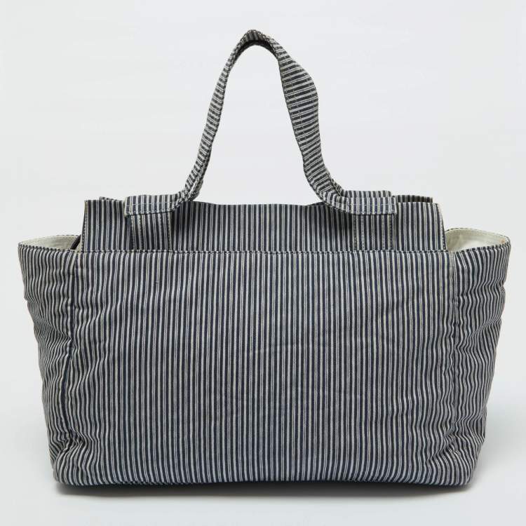 Pre Owned Chanel Chambray Blue/White Canvas CC Striped Shopper Tote