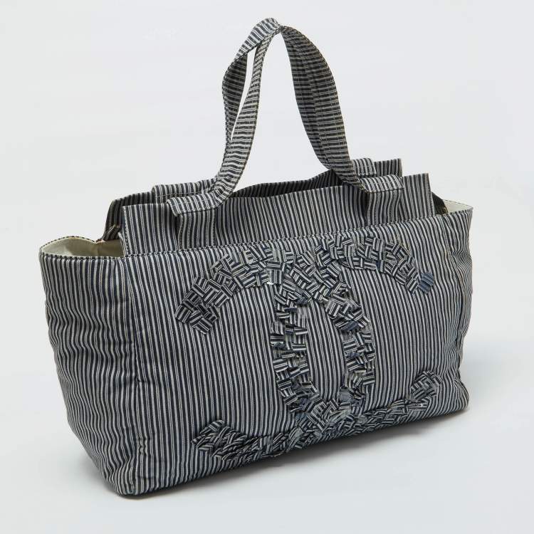 Pre Owned Chanel Chambray Blue/White Canvas CC Striped Shopper Tote