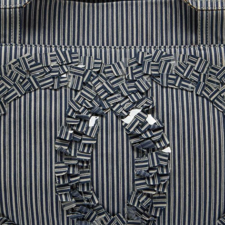 Pre Owned Chanel Chambray Blue/White Canvas CC Striped Shopper Tote