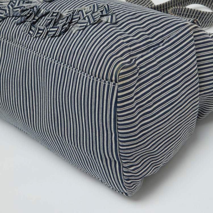 Pre Owned Chanel Chambray Blue/White Canvas CC Striped Shopper Tote