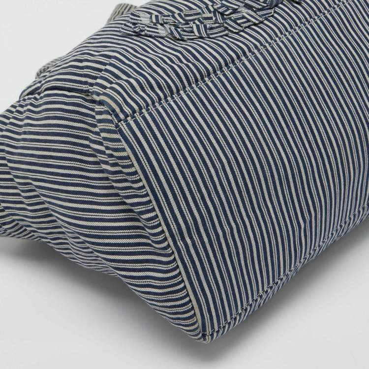 Pre Owned Chanel Chambray Blue/White Canvas CC Striped Shopper Tote