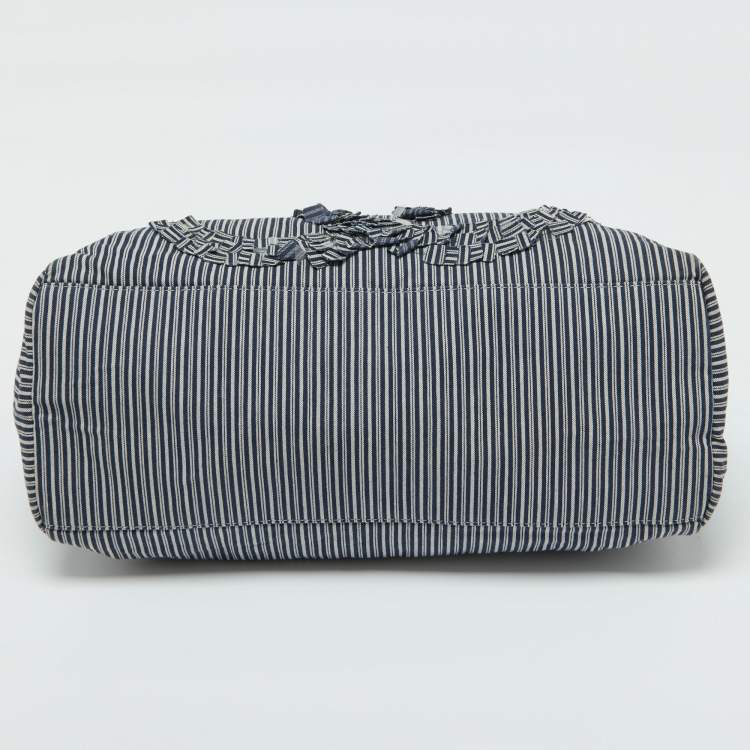 Pre Owned Chanel Chambray Blue/White Canvas CC Striped Shopper Tote