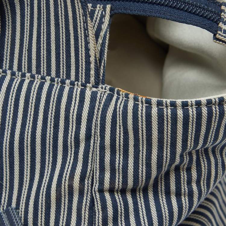 Pre Owned Chanel Chambray Blue/White Canvas CC Striped Shopper Tote