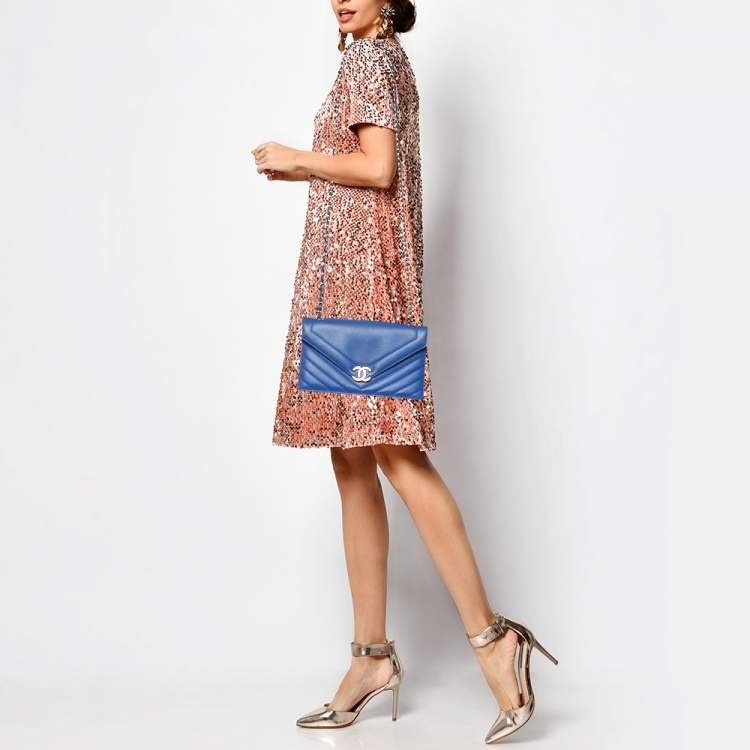 Pre Owned Chanel Blue Leather Chevron Medium Coco Envelope Flap Bag