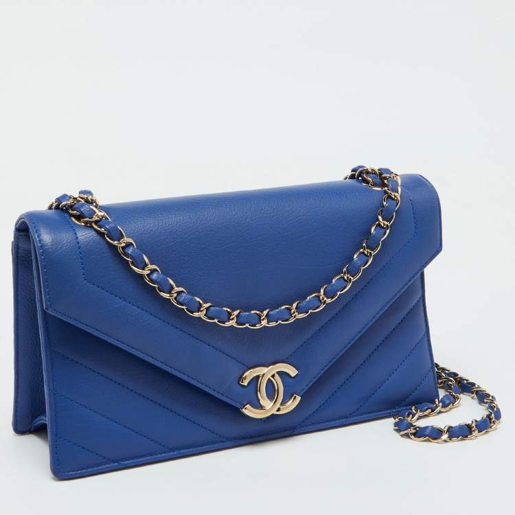 Pre Owned Chanel Blue Leather Chevron Medium Coco Envelope Flap Bag