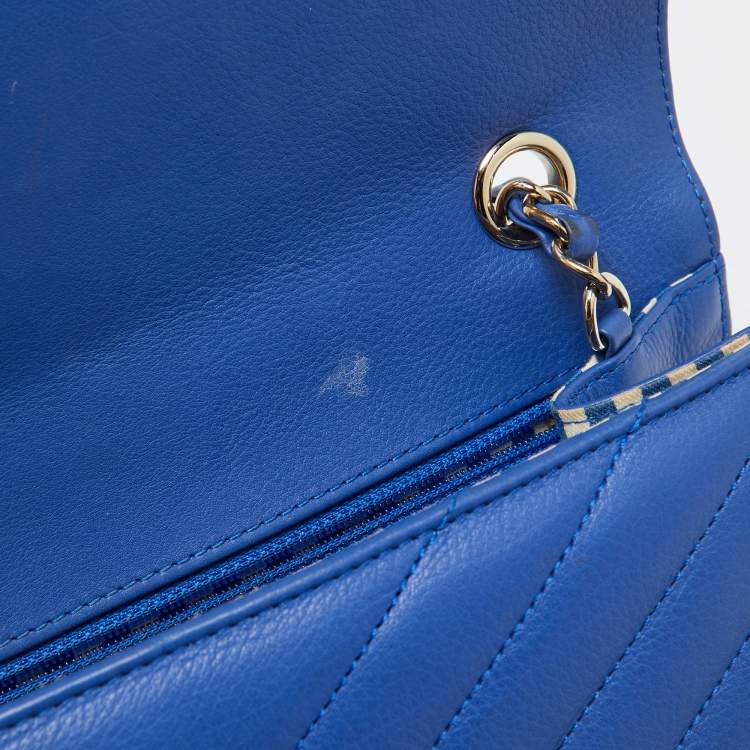 Pre Owned Chanel Blue Leather Chevron Medium Coco Envelope Flap Bag