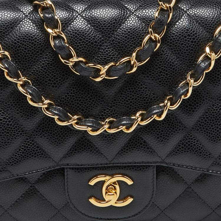 Pre Owned Chanel Black Quilted Caviar Leather Jumbo Classic Single Flap Bag