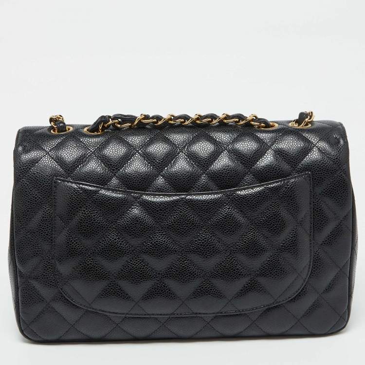 Pre Owned Chanel Black Quilted Caviar Leather Jumbo Classic Single Flap Bag