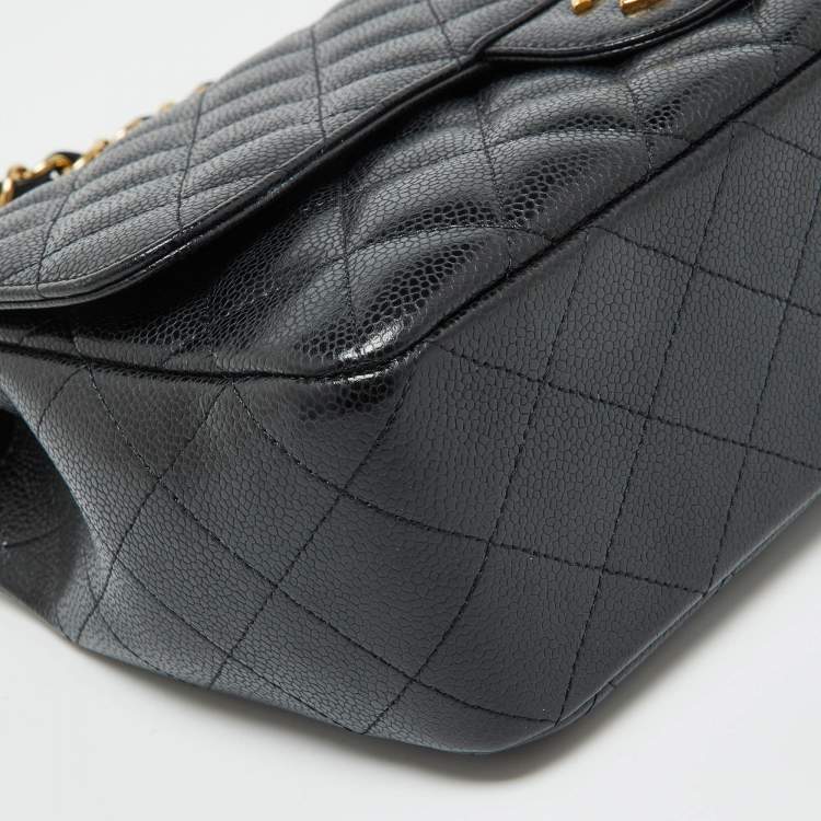 Pre Owned Chanel Black Quilted Caviar Leather Jumbo Classic Single Flap Bag