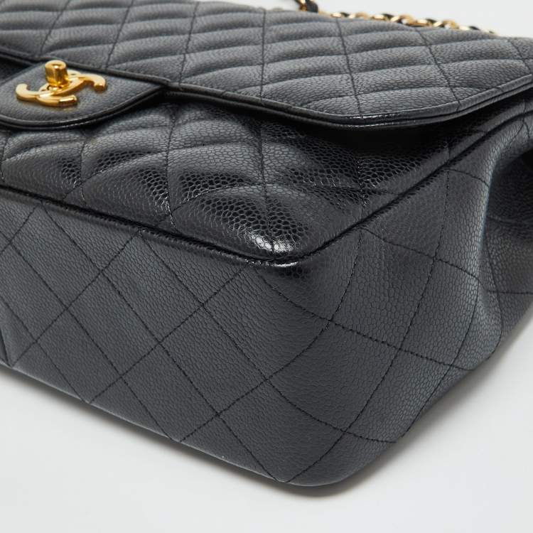 Pre Owned Chanel Black Quilted Caviar Leather Jumbo Classic Single Flap Bag