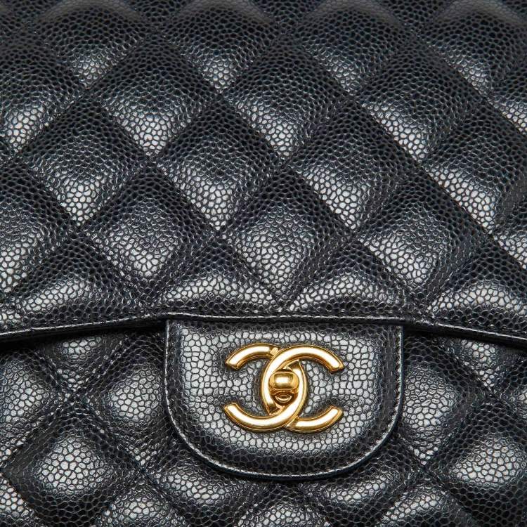 Pre Owned Chanel Black Quilted Caviar Leather Jumbo Classic Single Flap Bag