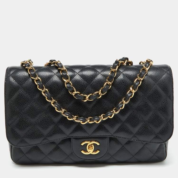 Pre Owned Chanel Black Quilted Caviar Leather Jumbo Classic Single Flap Bag
