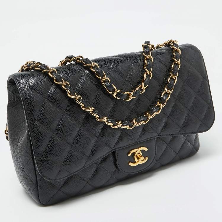Pre Owned Chanel Black Quilted Caviar Leather Jumbo Classic Single Flap Bag