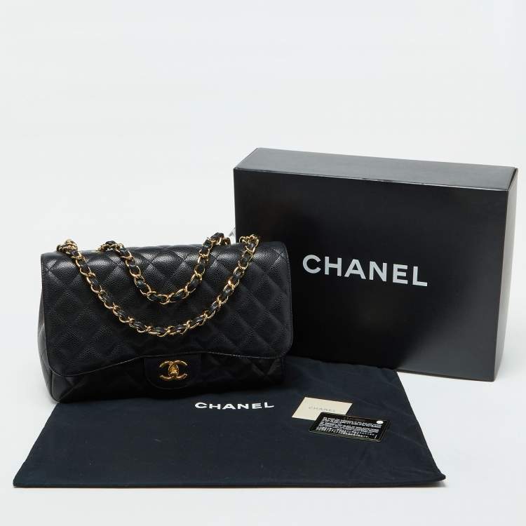 Pre Owned Chanel Black Quilted Caviar Leather Jumbo Classic Single Flap Bag