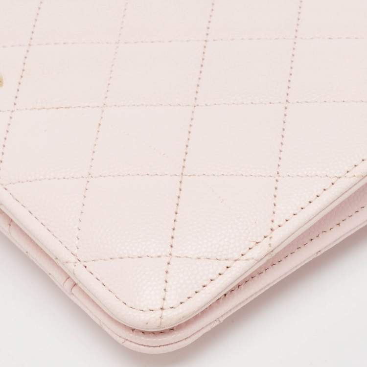 Pre Owned Chanel Light Pink Quilted Caviar Leather CC Wallet On Chain