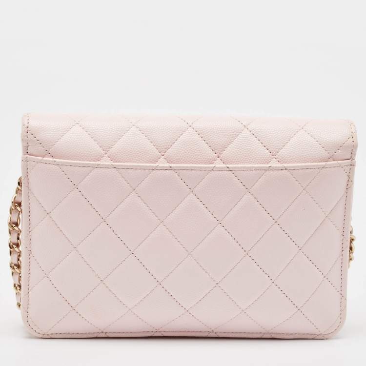 Pre Owned Chanel Light Pink Quilted Caviar Leather CC Wallet On Chain