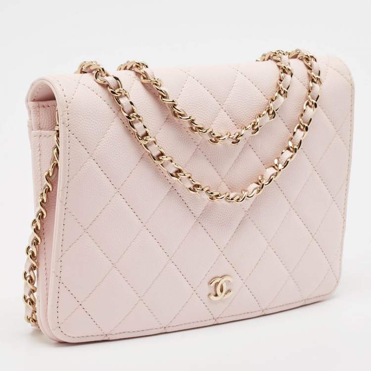 Pre Owned Chanel Light Pink Quilted Caviar Leather CC Wallet On Chain