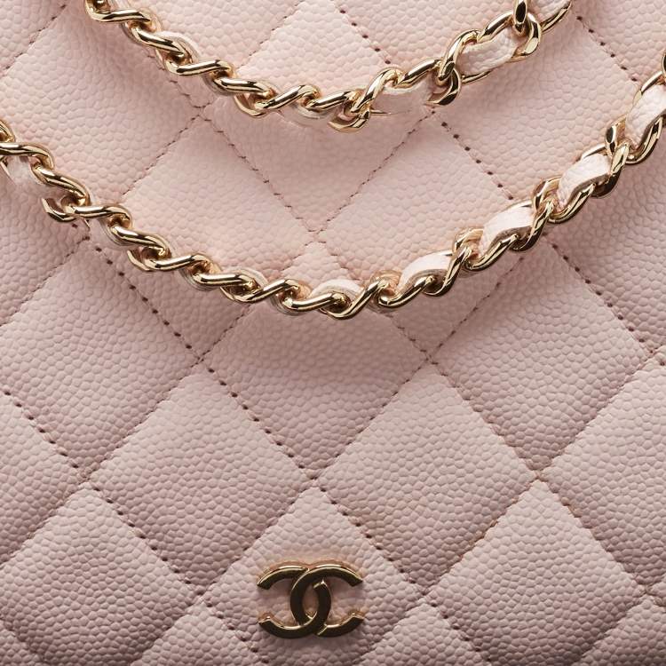 Pre Owned Chanel Light Pink Quilted Caviar Leather CC Wallet On Chain