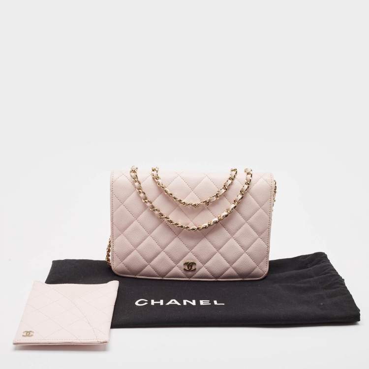 Pre Owned Chanel Light Pink Quilted Caviar Leather CC Wallet On Chain