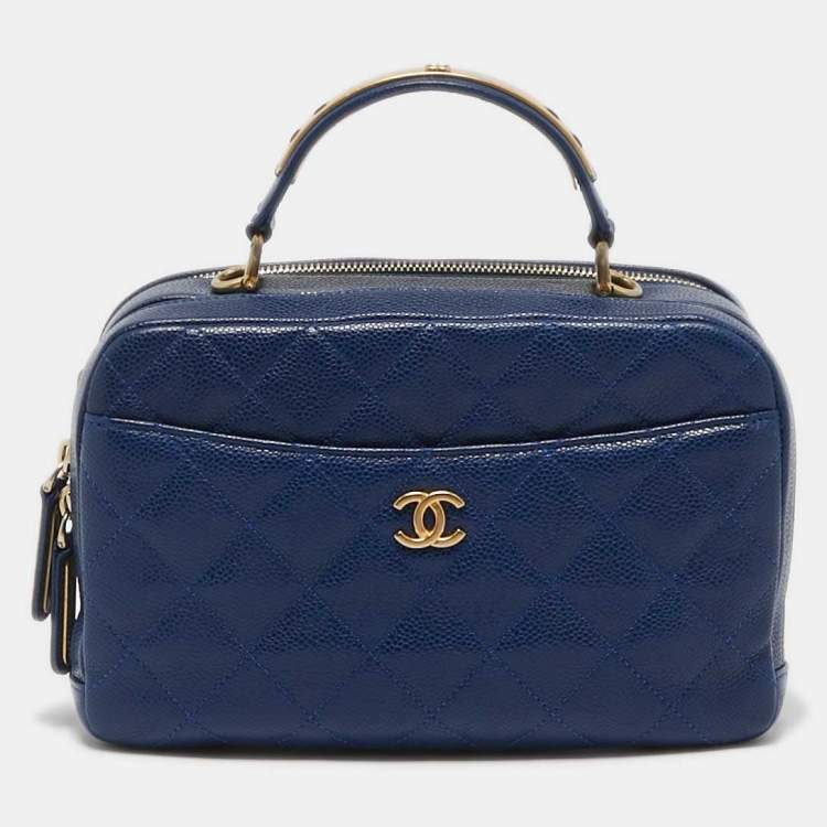 Pre Owned Chanel Blue Quilted Caviar Leather Carry Around Top Handle Bag