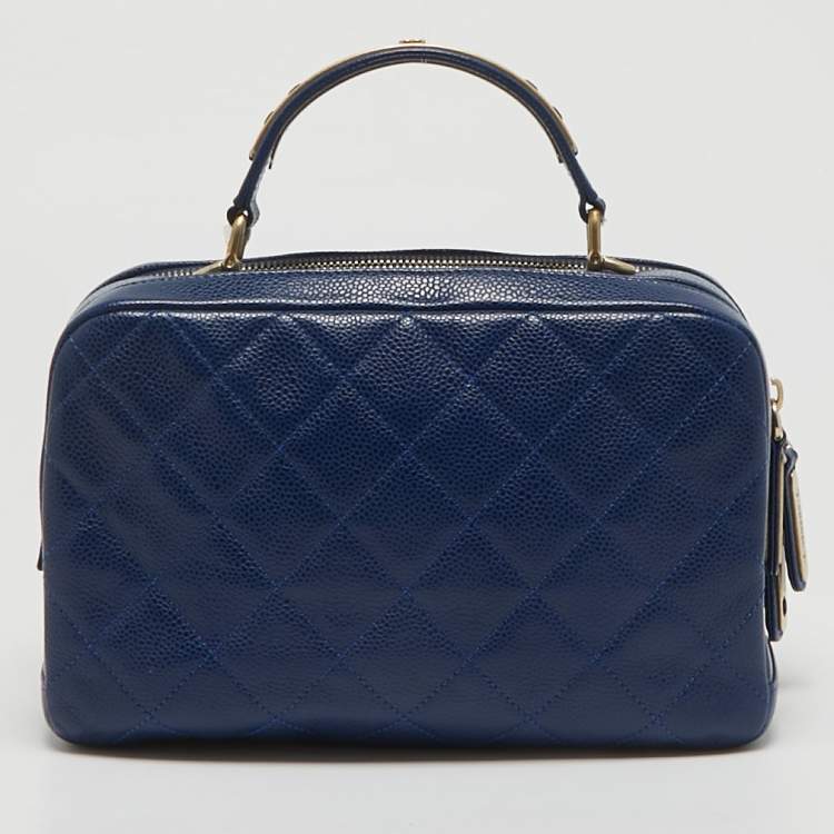 Pre Owned Chanel Blue Quilted Caviar Leather Carry Around Top Handle Bag