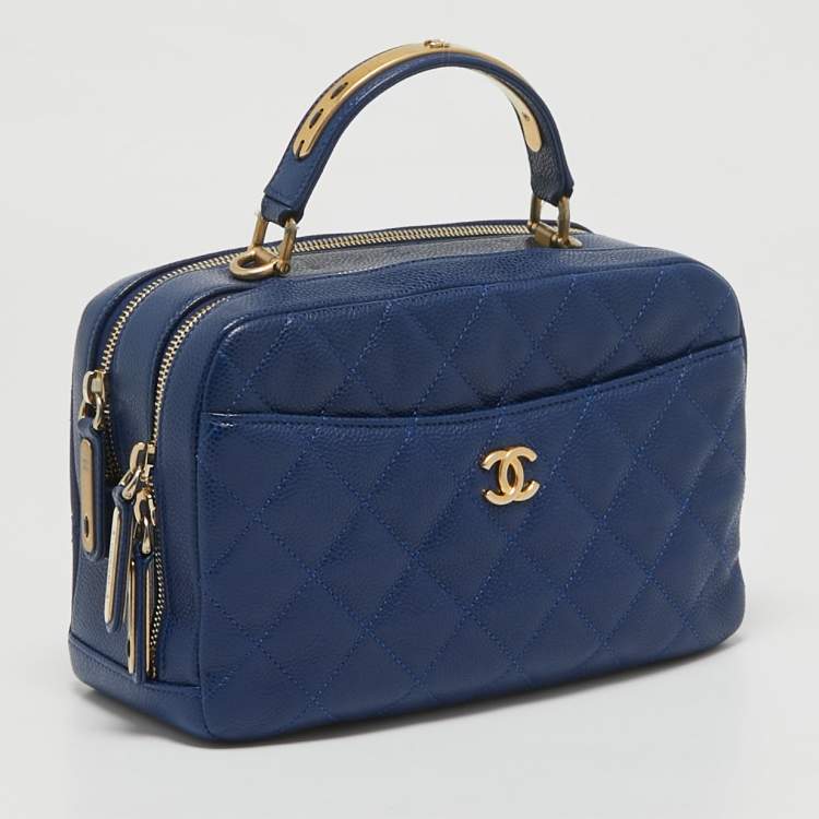 Pre Owned Chanel Blue Quilted Caviar Leather Carry Around Top Handle Bag