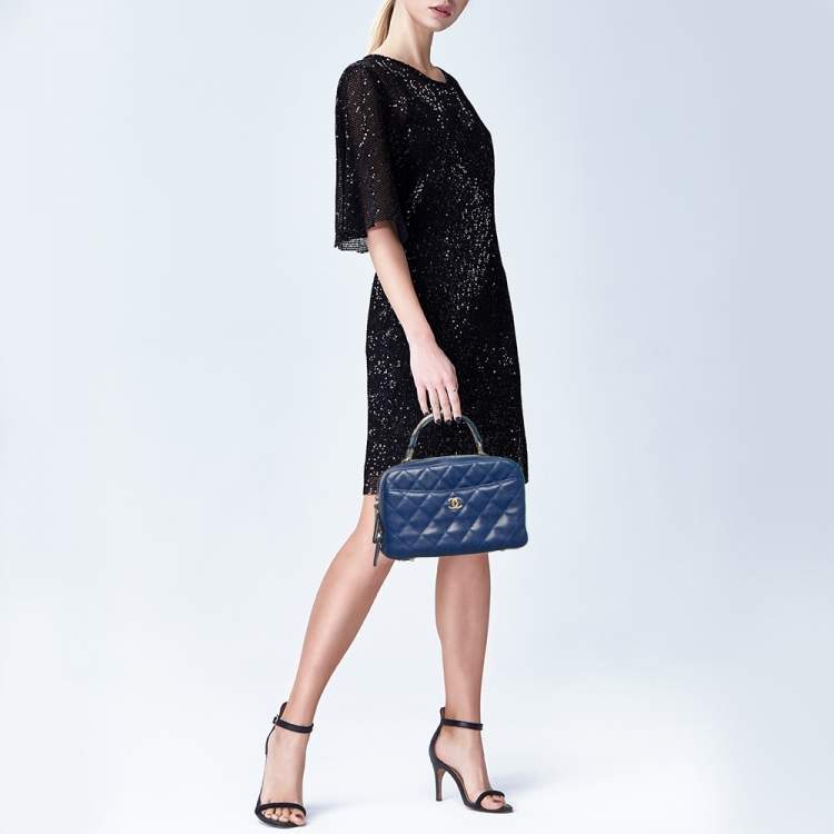 Pre Owned Chanel Blue Quilted Caviar Leather Carry Around Top Handle Bag