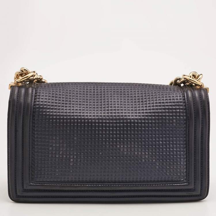 Pre Owned Chanel Navy Blue Cube Embossed Leather Medium Boy Flap Bag