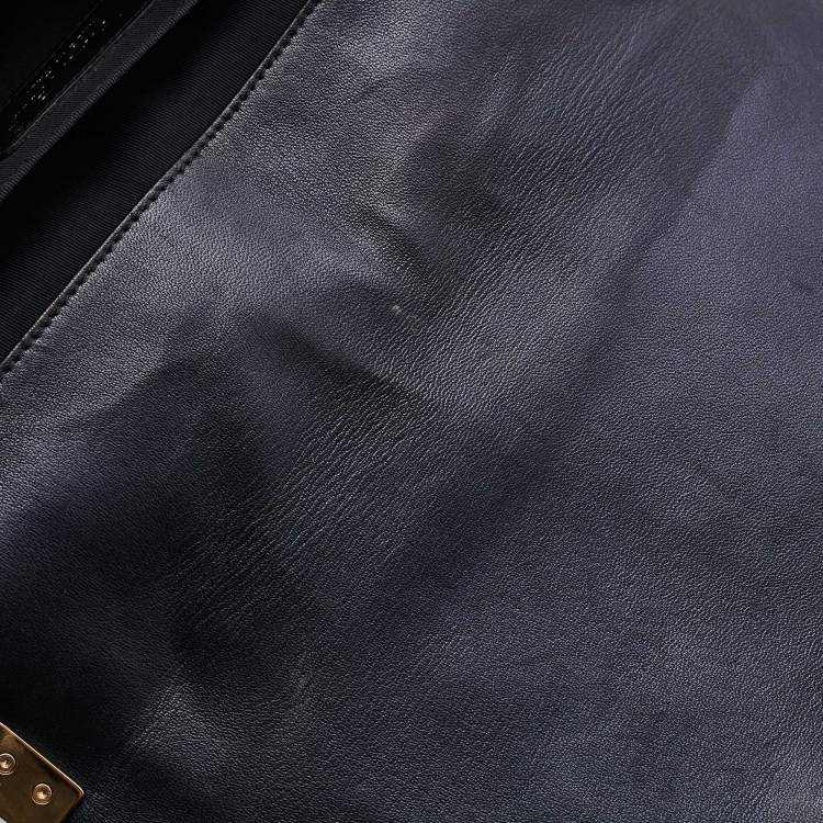 Pre Owned Chanel Navy Blue Cube Embossed Leather Medium Boy Flap Bag