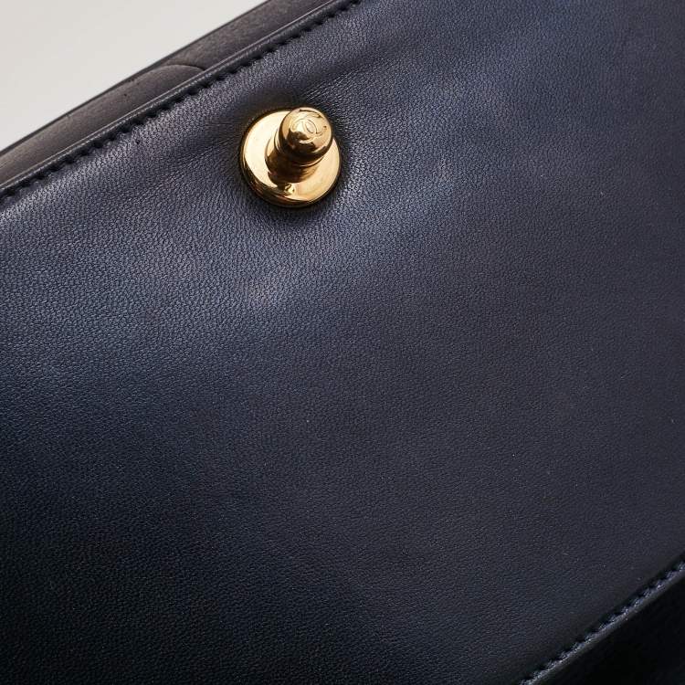 Pre Owned Chanel Navy Blue Cube Embossed Leather Medium Boy Flap Bag